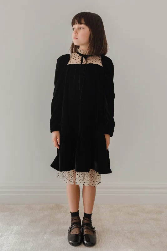 Petite Amalie Black Flock Spot Mesh & Velvet Dress 1237B