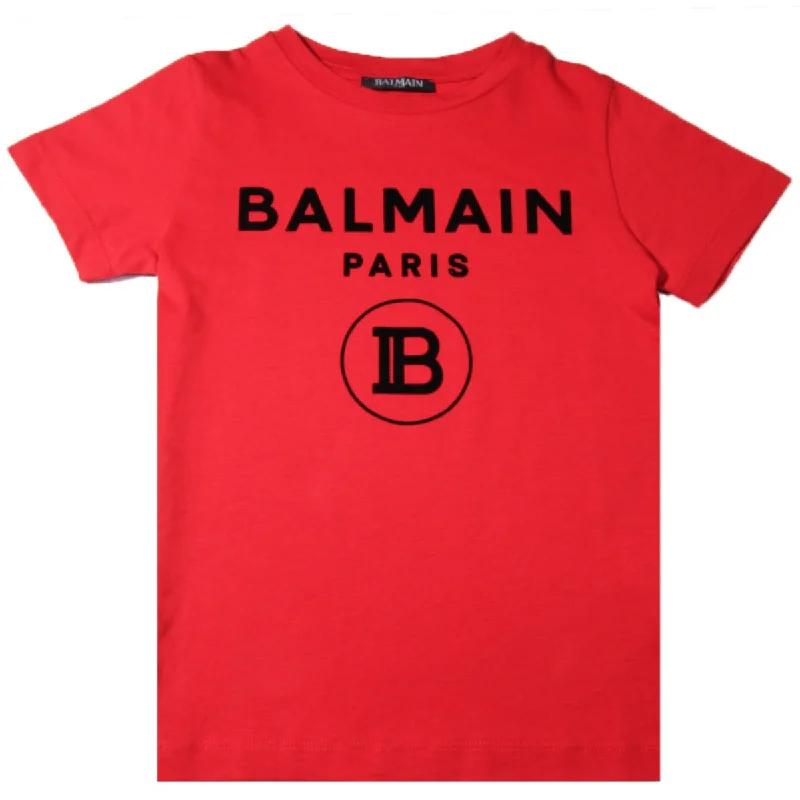 Balmain Kids Red and Black Logo T-shirt