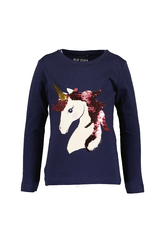 Blue Seven Girl Reversible Sequins Unicorn Top, Navy