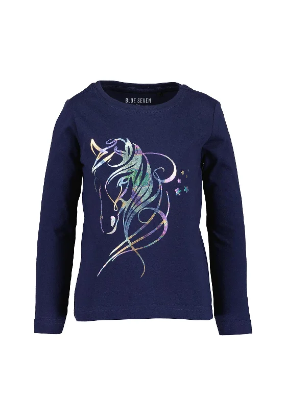 Blue Seven Girl Foil Unicorn Print Top, Navy