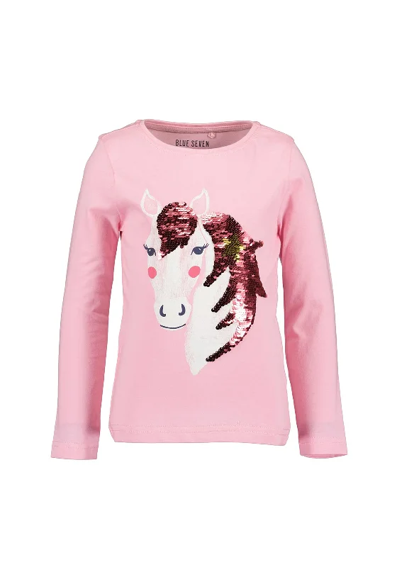 Blue Seven Girl Sequins Unicorn Long Sleeve Top, Pink