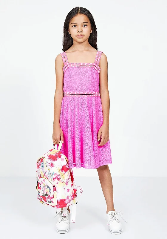 Guess Girls Logo Jacquard Mesh Dress, Pink