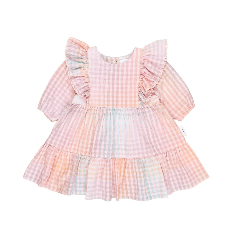 Huxbaby - Rainbow Check Frill Long Sleeve Dress - HB1047W24