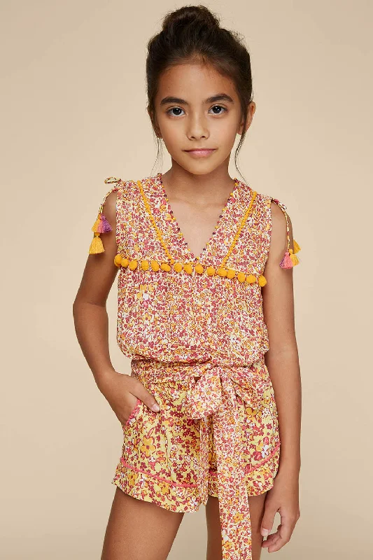 Kids Short Jumpsuit Mya Pompom Trimmed - Yellow Glory