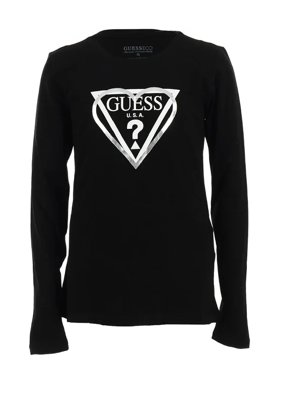 Guess Older Girl Heart Logo Long Sleeve Top, Black