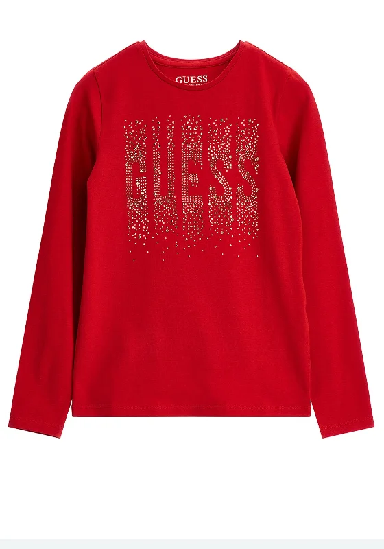 Guess Older Girls Rhinestone Long Sleeve Top, Red