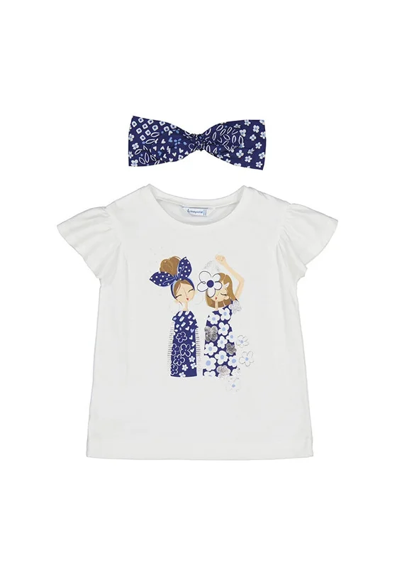 Mayoral Girl Short Sleeve Tee and Headband Set, White and Navy