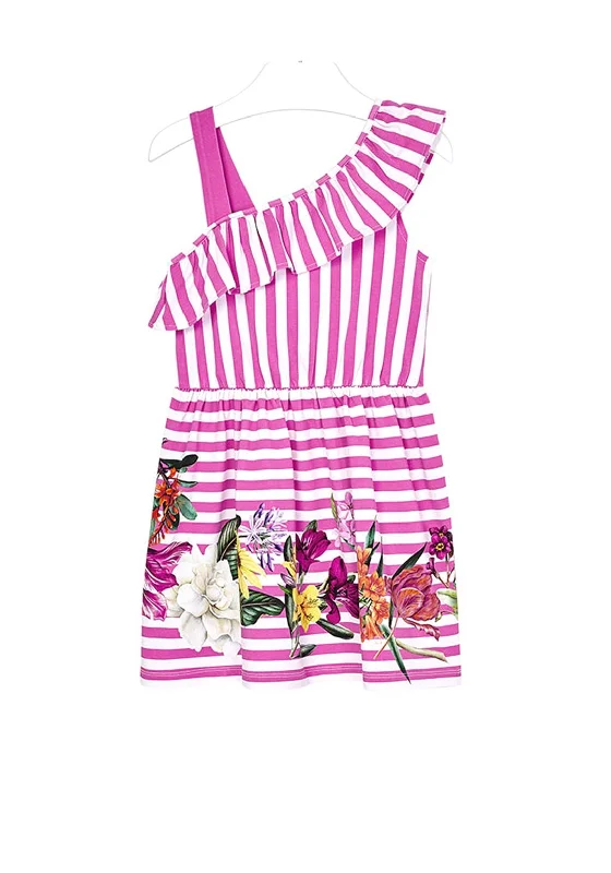 Mayoral Girls Asymmetrical Neckline Stripe Dress, Pink