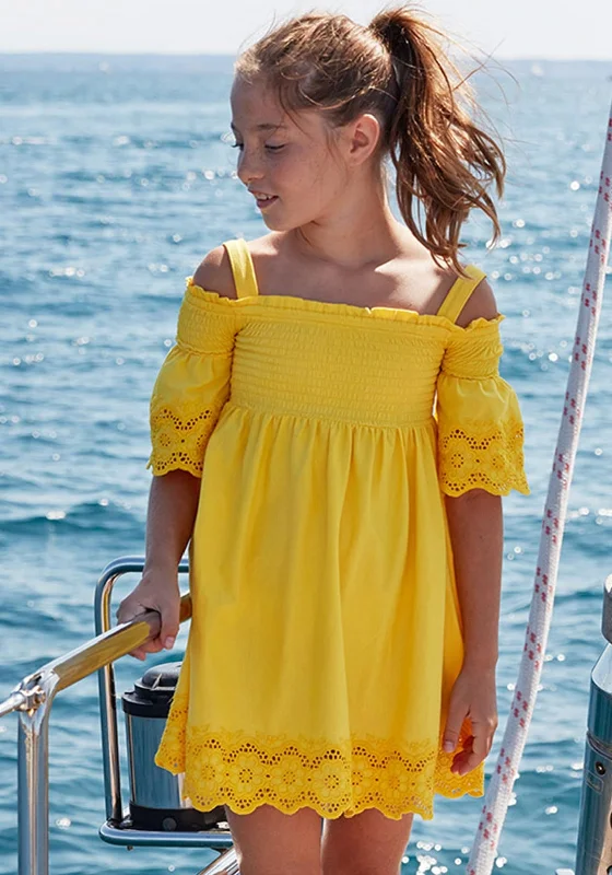 Mayoral Girls Embroidered Cold Shoulder Dress, Yellow