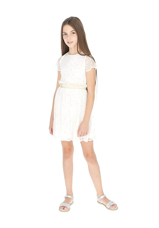 Mayoral Girls Embroidered Tulle Dress, White