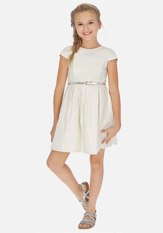 Mayoral Girls Linen Dress with Belt, Champagne