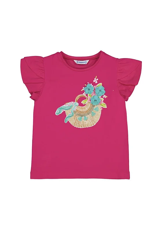 Mayoral Girl Sequins and Floral Short Sleeve Tee, Hot Pink