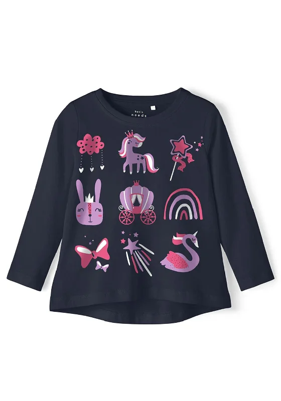 Name It Mini Girl Violet Unicorn Long Sleeve Top, Dark Sapphire