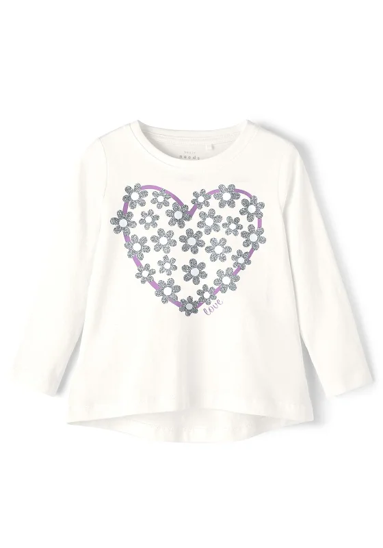 Name It Mini Girl Violet Heart Long Sleeve Top, White Alyssum