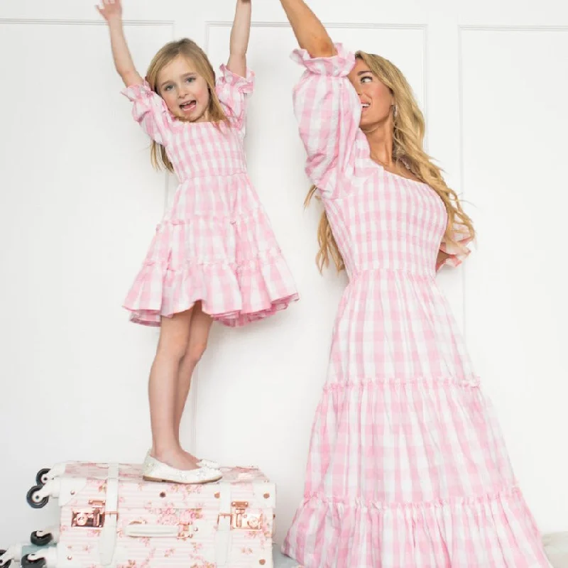 Pink Gingham Matching Summer Dress