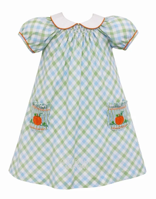 Pumpkin Float Dress w/White Collar & Smocked Pockets-Sage Green w/Lt Blue Plaid