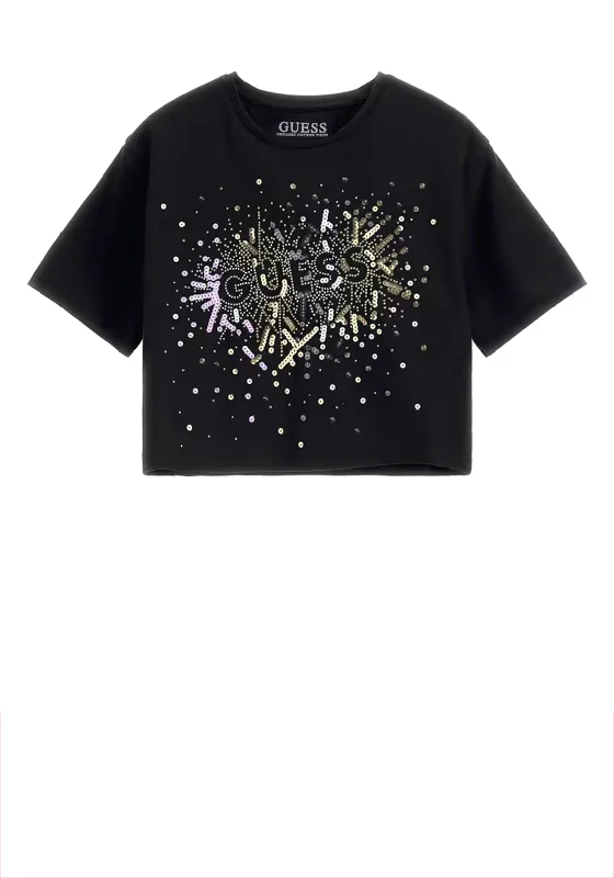 Guess Older Girl Sequins Crop Top, Black