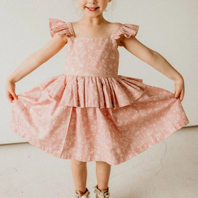 Girl's Blush Pink and White Floral Print Peplum Twirl Dress