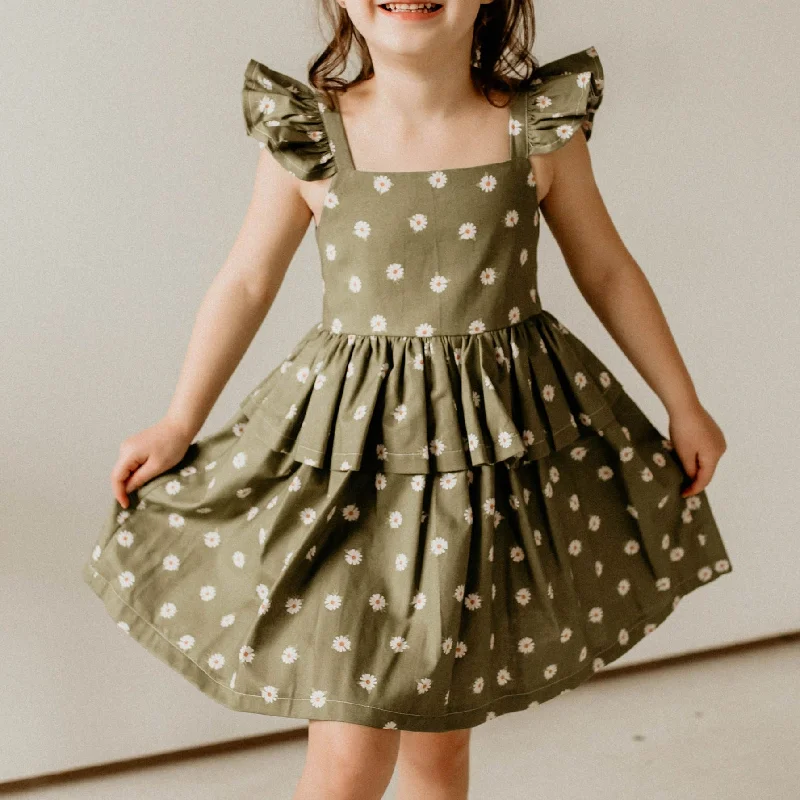 Girl's Olive Green and White Daisy Print Peplum Twirl Dress