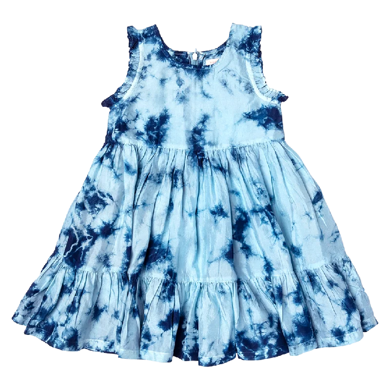 Girls Silk Kelsey Dress - Navy Sky Tie Dye