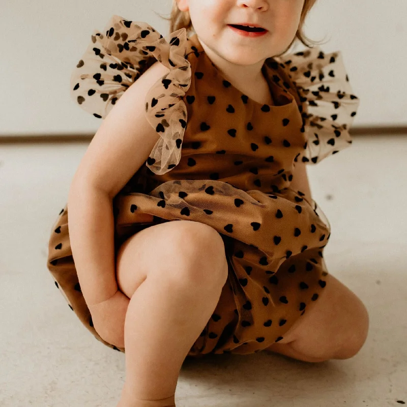 Infant Girl's Black and Brown Tulle Hearts Valentine's Day Bubble Romper