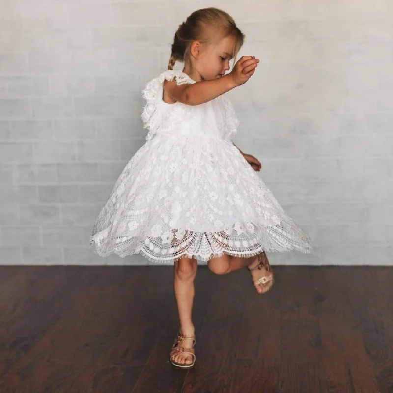 Little Girl's Ivory Floral Chantilly Lace Scalloped Hem Special Occasion Dress