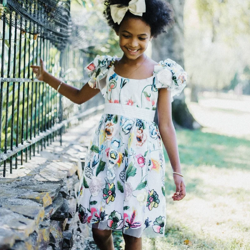 Little Girl's Multicolor Floral Lace Flutter Sleeve Dress