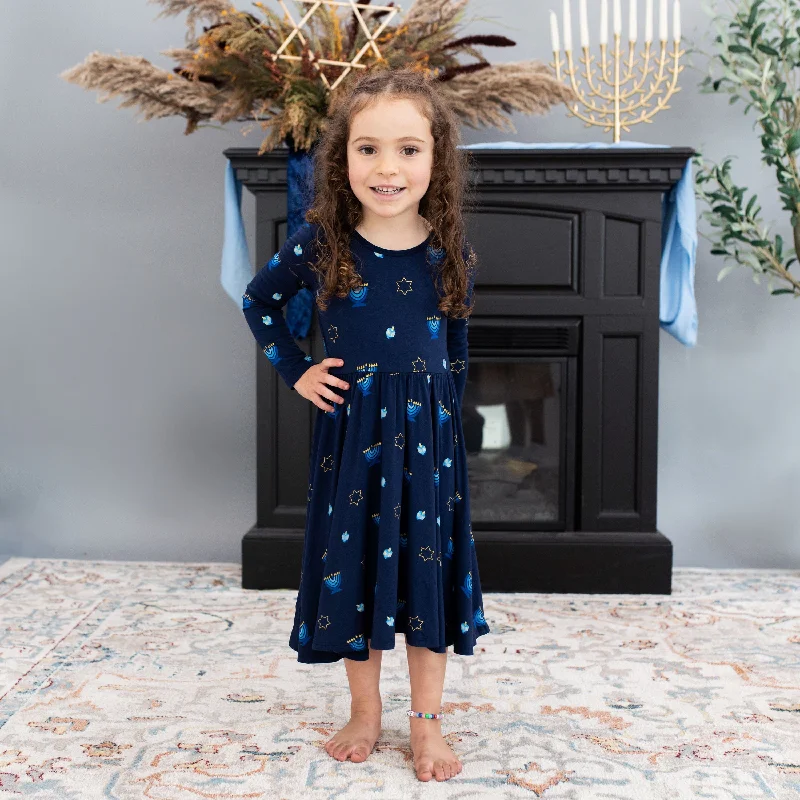 Long Sleeve Twirl Dress in Hanukkah