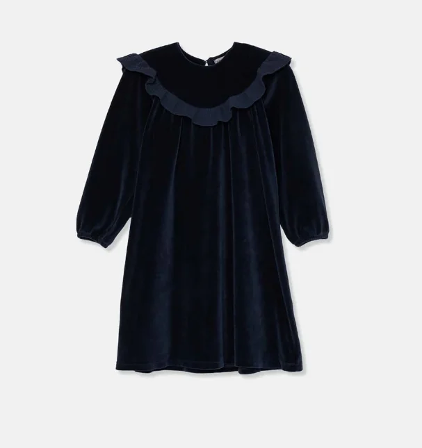 MY LITTLE COZMO NAVY VELOUR RUFFLE TRIM DRESS [FINAL SALE]