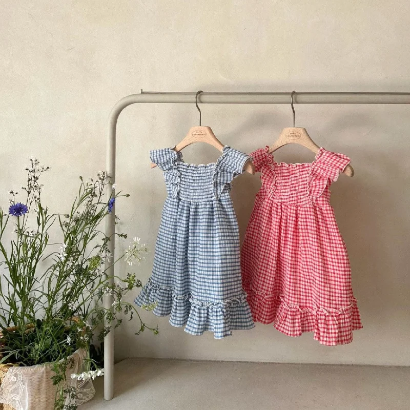 Toddler Monbebe Gingham Ruffle Short Sleeve Dress (1-6y) - 2 Colors