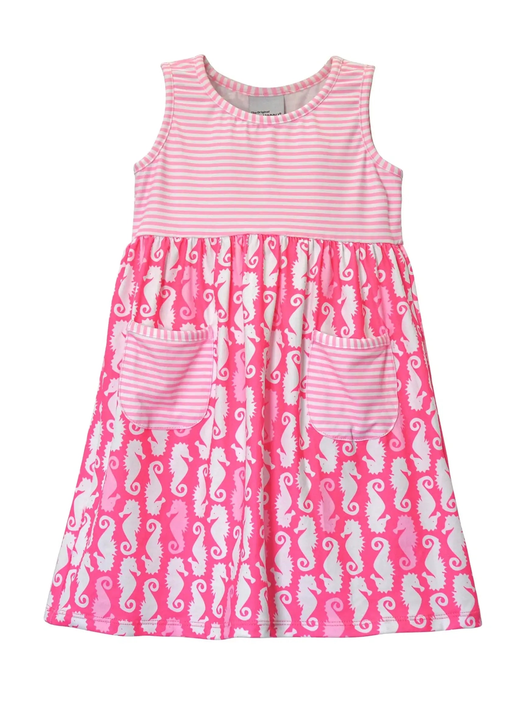 UPF 50+ Dahlia Sleeveless Dress w/ Pockets - Happy Pink Seahorses